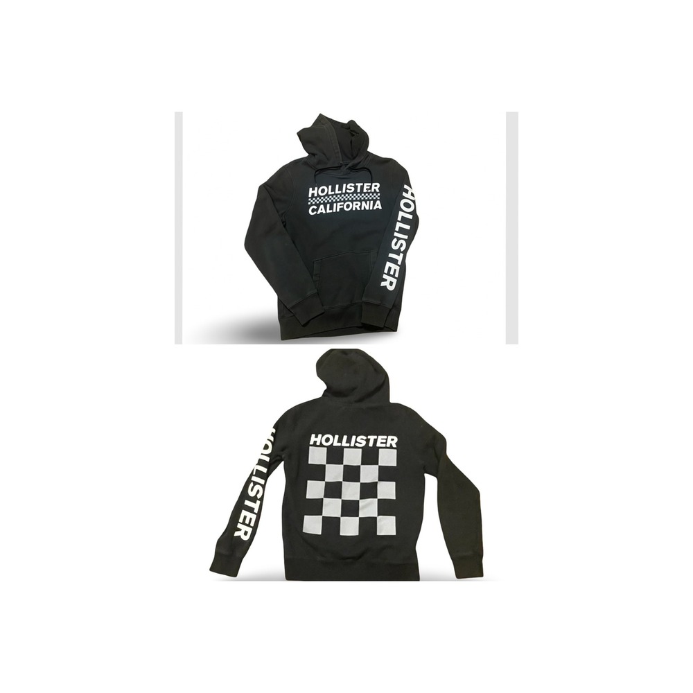 Hollister Mens Black Hoodie California‎ Checkered Logo Sleeve Size M casual